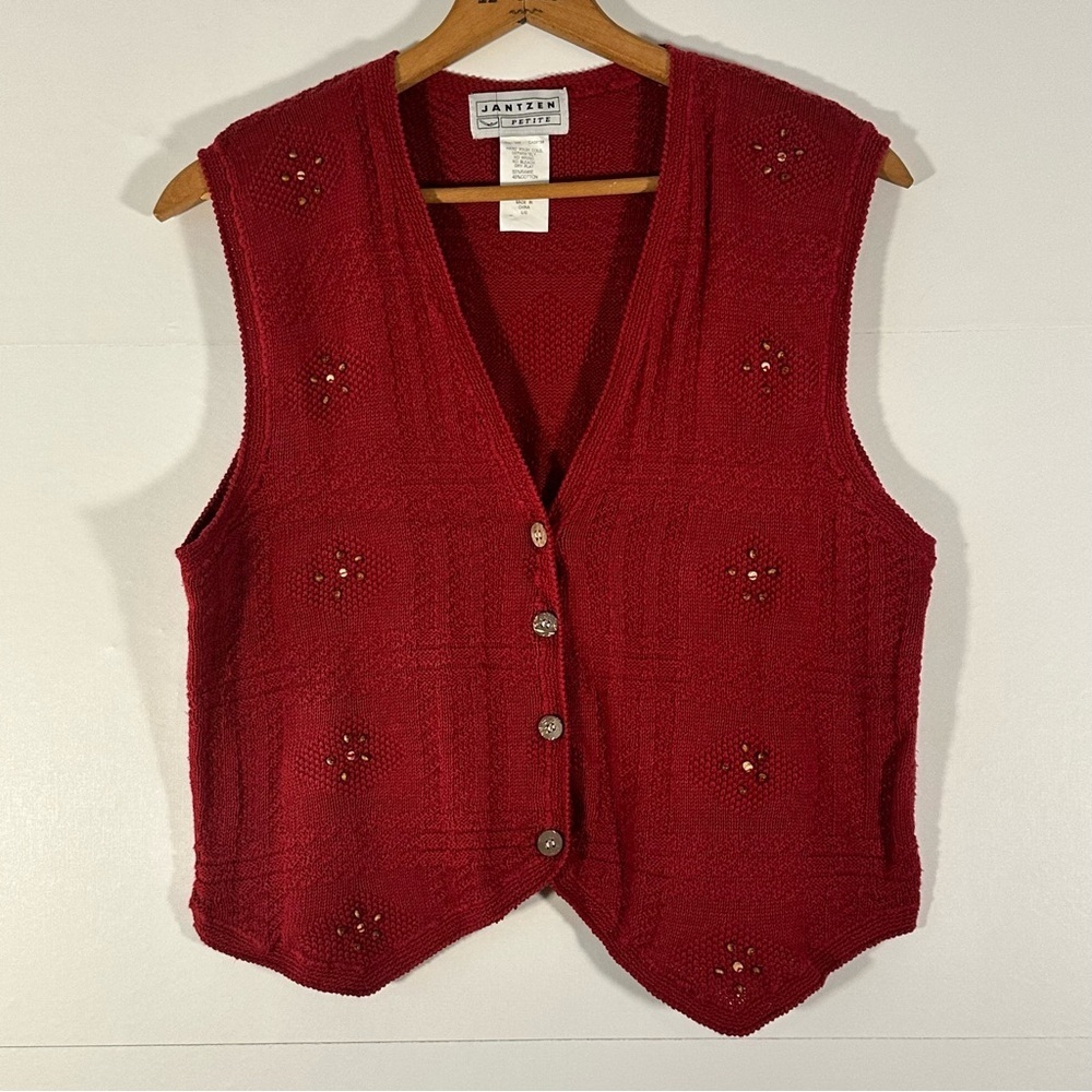 Jantzen Red Textured Knit Beaded Cardigan Sweater Vest